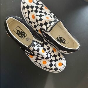 Vans Slip-On Sneakers - Black and White Checkerboard with Orange Flowers